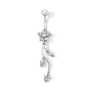 Solid Stainless Steel CZ Flower Dangle Belly Button Ring - 14G 7/16”