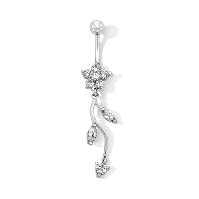 Solid Stainless Steel CZ Flower Dangle Belly Button Ring - 14G 7/16”