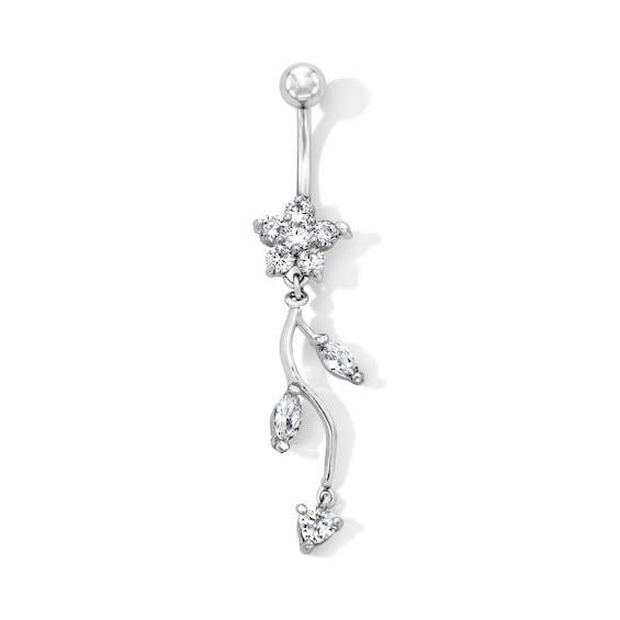 Solid Stainless Steel CZ Flower Dangle Belly Button Ring - 14G 7/16”