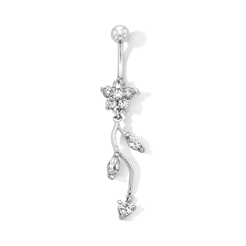 Solid Stainless Steel CZ Flower Dangle Belly Button Ring - 14G 7/16”