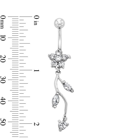 Solid Stainless Steel CZ Flower Dangle Belly Button Ring - 14G 7/16”