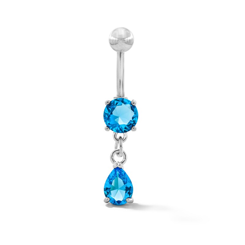 Solid Stainless Steel Blue CZ Dangle Belly Button Ring - 14G 7/16”