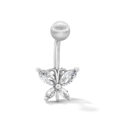 Solid Stainless Steel CZ Butterfly Belly Button Ring - 14G 7/16”