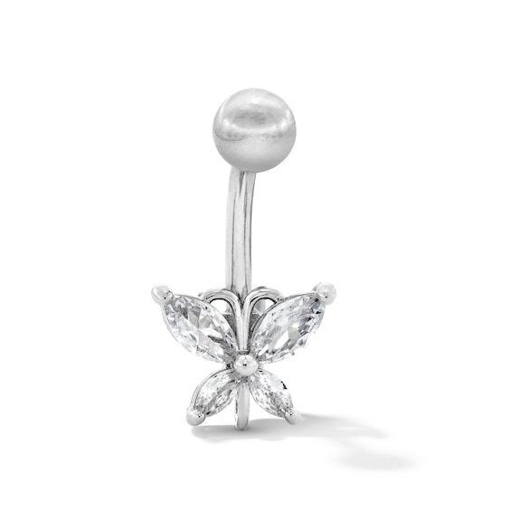 Solid Stainless Steel CZ Butterfly Belly Button Ring - 14G 7/16”