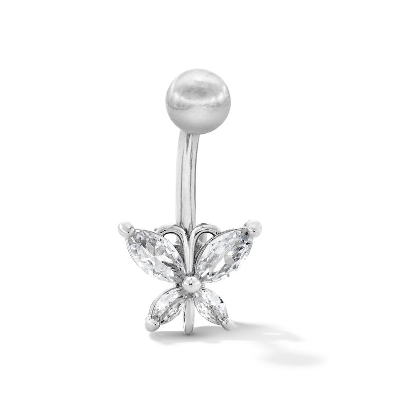 Main Image 1 of Solid Stainless Steel CZ Butterfly Belly Button Ring - 14G 7/16”