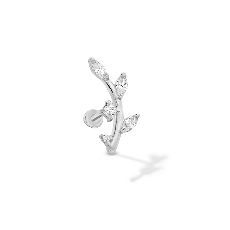 14K White Gold CZ Curved Leafy Branch Stud - 18G 5/16"