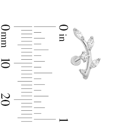 14K White Gold CZ Curved Leafy Branch Stud - 18G 5/16"