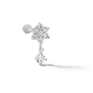 14K White Gold CZ Flower Dangle Stud - 18G 5/16"