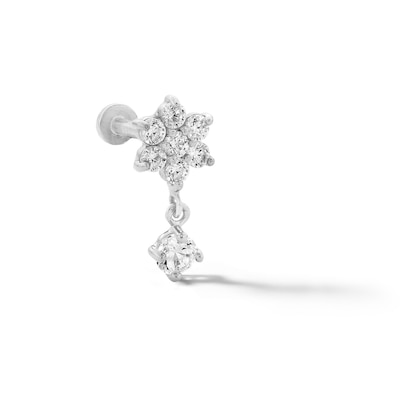 14K White Gold CZ Flower Dangle Stud - 18G 5/16"