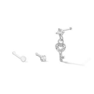 Solid Sterling Silver CZ Heart Key Nose Stud Set - 22G 5/16”