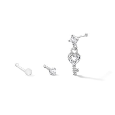 Solid Sterling Silver CZ Heart Key Nose Stud Set - 22G 5/16”