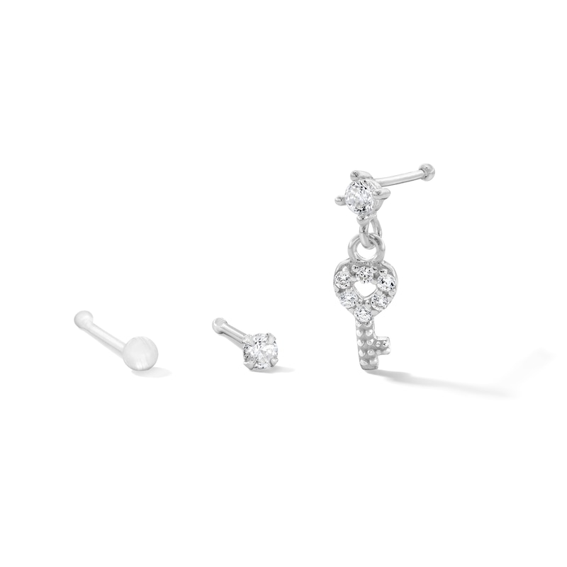 Solid Sterling Silver CZ Heart Key Nose Stud Set - 22G 5/16”