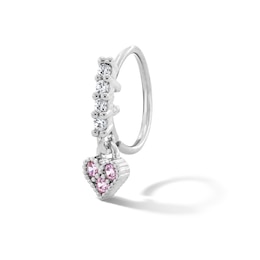 Semi-Solid Stainless Steel Pink and White CZ Heart Dangle Nose Hoop - 22G 5/16”