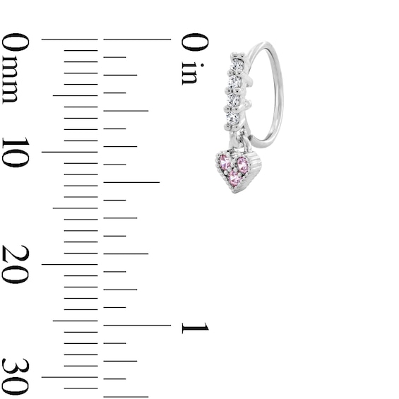 Semi-Solid Stainless Steel Pink and White CZ Heart Dangle Nose Hoop - 22G 5/16”