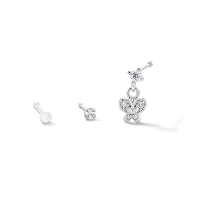 Solid Sterling Silver CZ Butterfly Nose Stud Set - 22G 5/16”