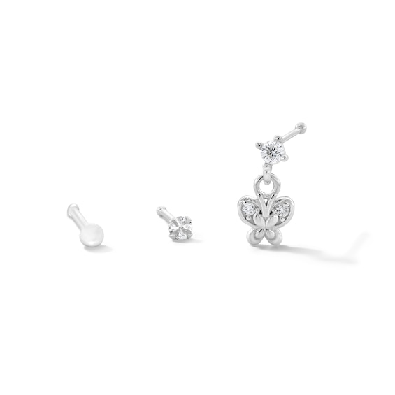Solid Sterling Silver CZ Butterfly Nose Stud Set - 22G 5/16”