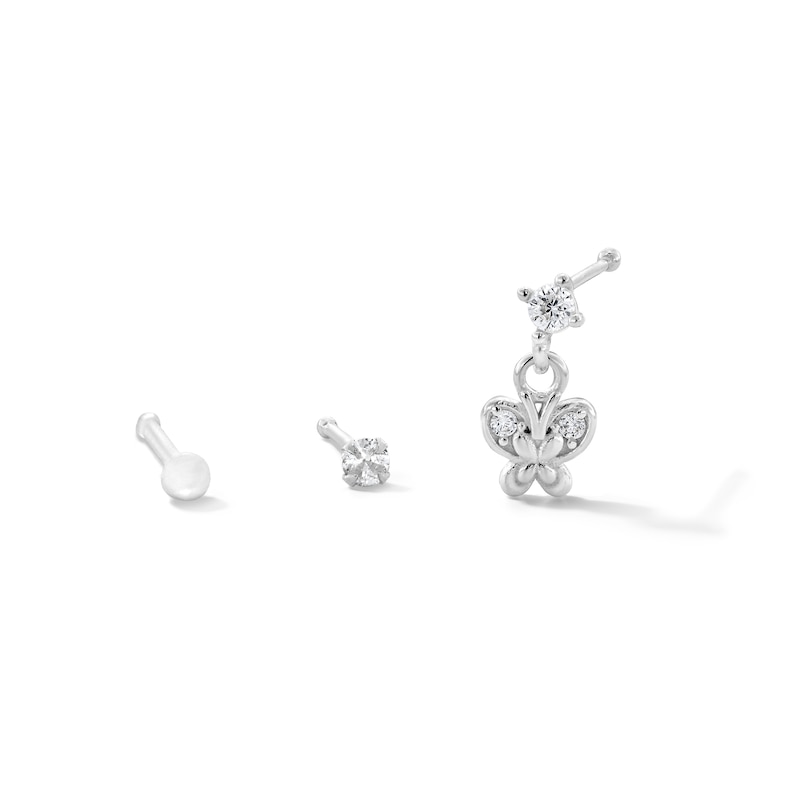 Solid Sterling Silver CZ Butterfly Nose Stud Set - 22G 5/16”