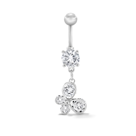Solid Stainless Steel CZ Butterfly Dangle Belly Button Ring - 14G 7/16”