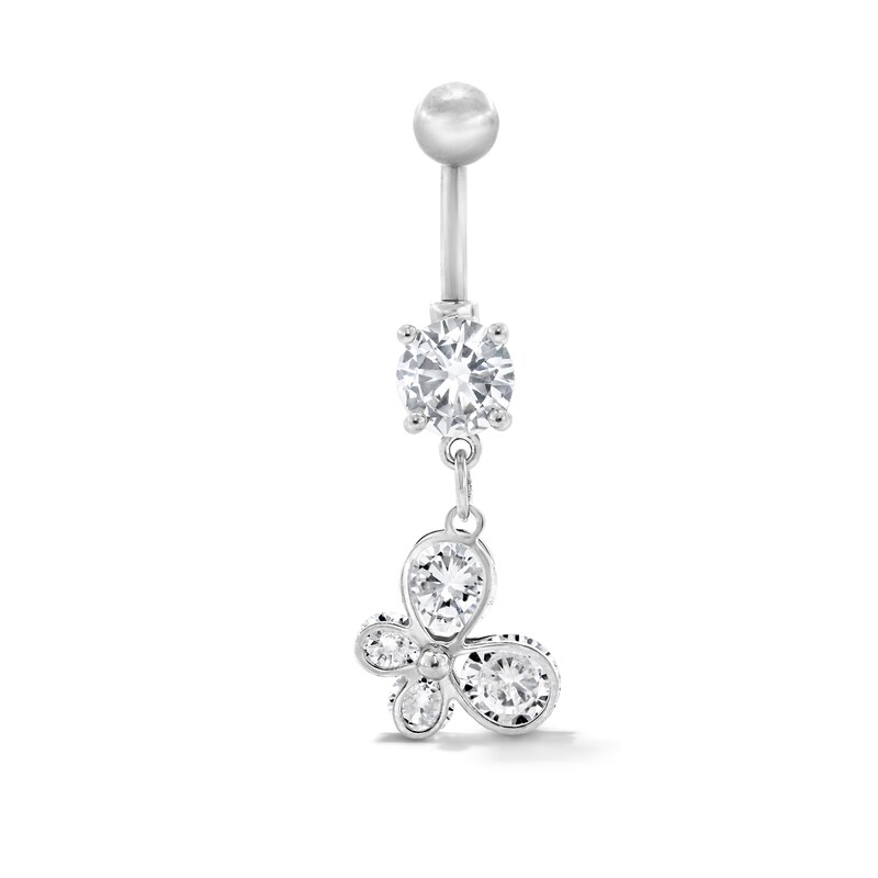 Solid Stainless Steel CZ Butterfly Dangle Belly Button Ring - 14G 7/16”