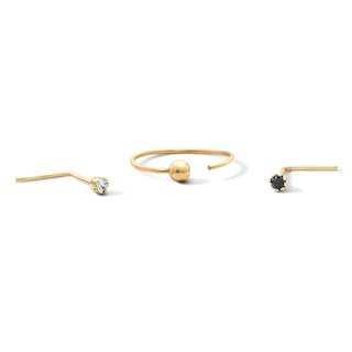 14K Solid Gold White CZ and Black Crystal Nose Stud and Hoop Set - 24G 3/16"