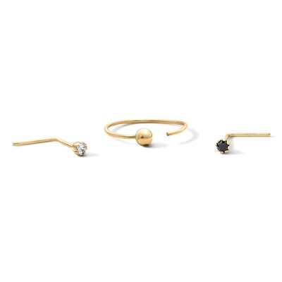 14K Solid Gold White CZ and Black Crystal Nose Stud and Hoop Set - 24G 3/16"