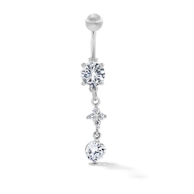 Solid Stainless Steel CZ Flower Dangle Belly Button Ring - 14G 7/16”