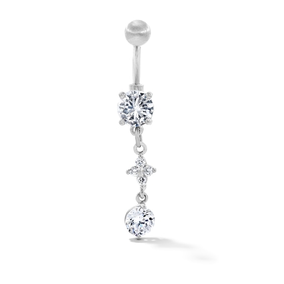 Solid Stainless Steel CZ Flower Dangle Belly Button Ring - 14G 7/16”