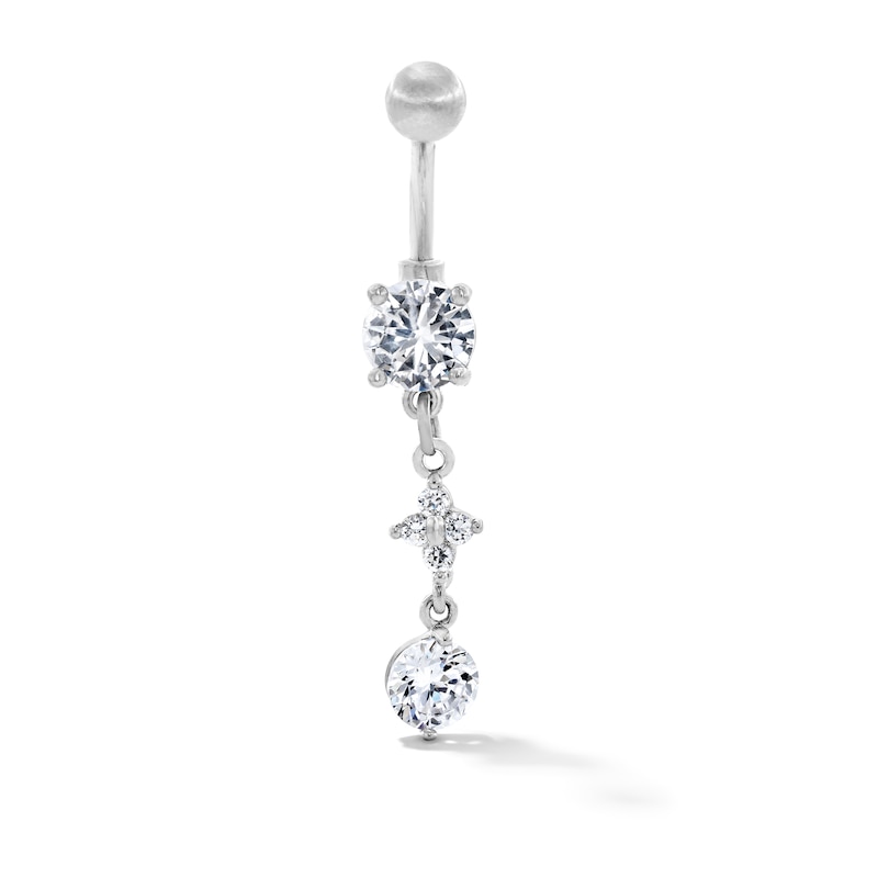 Solid Stainless Steel CZ Flower Dangle Belly Button Ring - 14G 7/16”