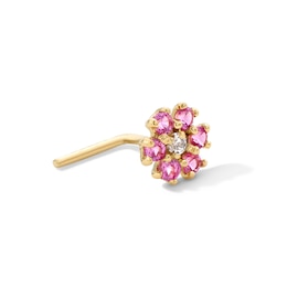 14K Solid Gold CZ Pink and White L-Shape  Nose Stud - 24G 1/4"