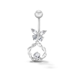 Solid Stainless Steel CZ Butterfly Circle Dangle Belly Button Ring - 14G 7/16”