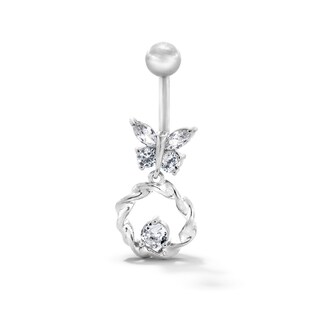 Solid Stainless Steel CZ Butterfly Circle Dangle Belly Button Ring - 14G 7/16”
