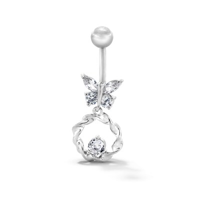 Solid Stainless Steel CZ Butterfly Circle Dangle Belly Button Ring - 14G 7/16”