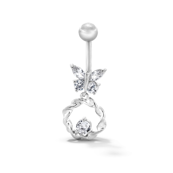 Solid Stainless Steel CZ Butterfly Circle Dangle Belly Button Ring - 14G 7/16”