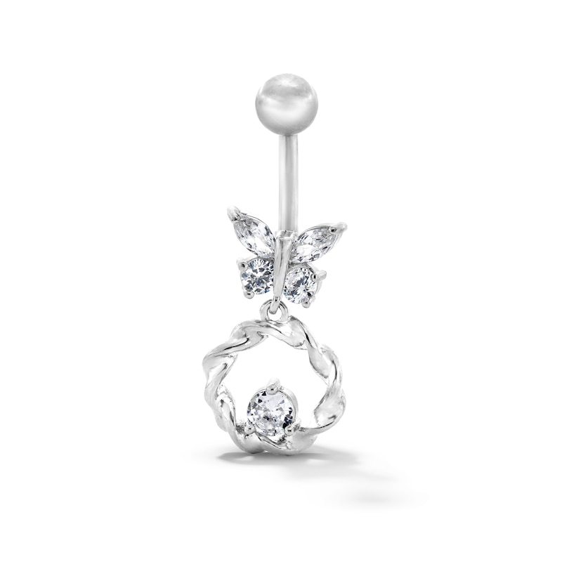 Solid Stainless Steel CZ Butterfly Circle Dangle Belly Button Ring - 14G 7/16”
