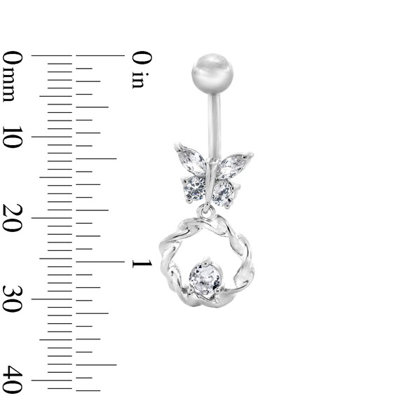 Solid Stainless Steel CZ Butterfly Circle Dangle Belly Button Ring - 14G 7/16”
