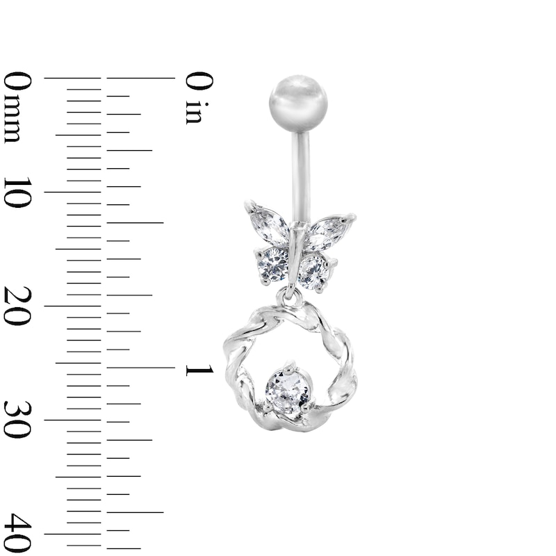 Solid Stainless Steel CZ Butterfly Circle Dangle Belly Button Ring - 14G 7/16”