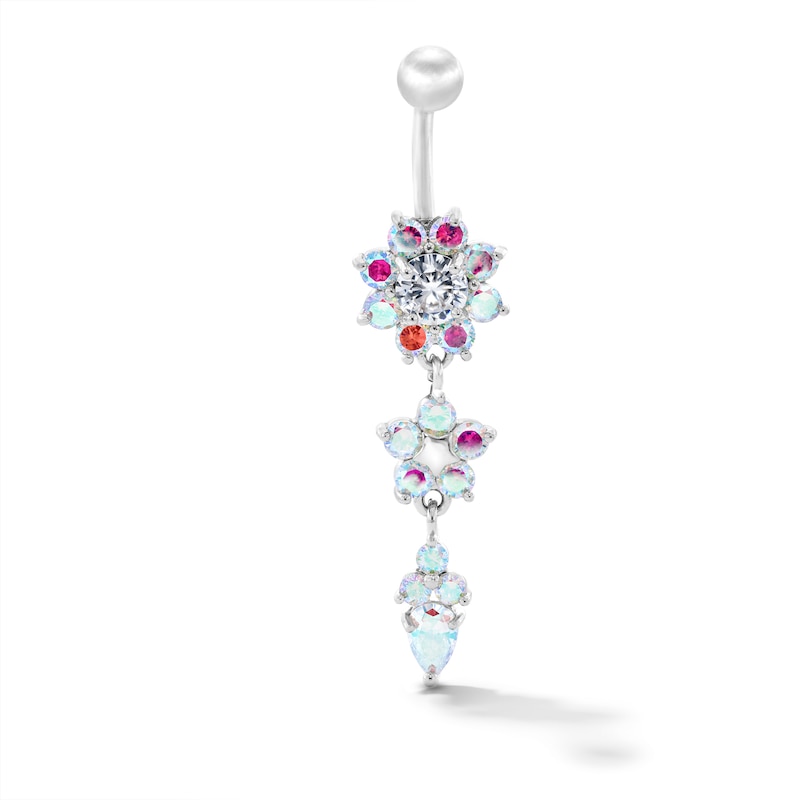 Solid Stainless Steel Iridescent CZ Flower Dangle Belly Button Ring - 14G 7/16”