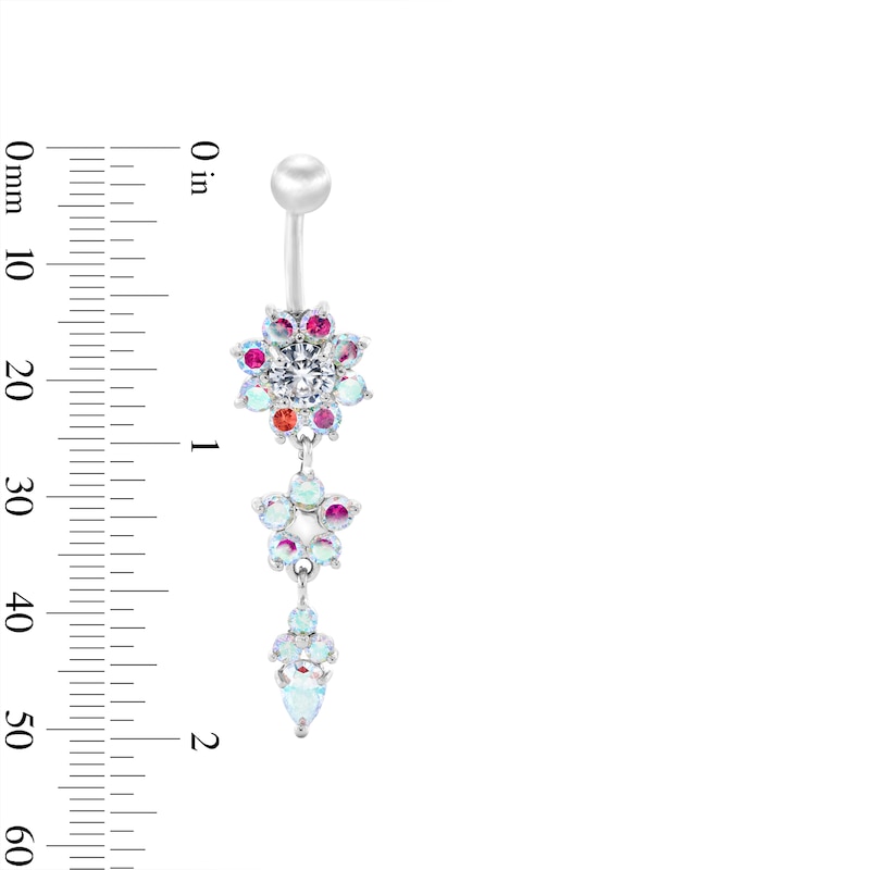 Main Image 2 of Solid Stainless Steel Iridescent CZ Flower Dangle Belly Button Ring - 14G 7/16”