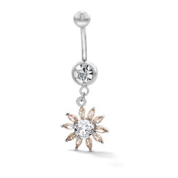Solid Stainless Steel CZ and Crystal Flower Dangle Belly Button Ring - 14G 7/16”