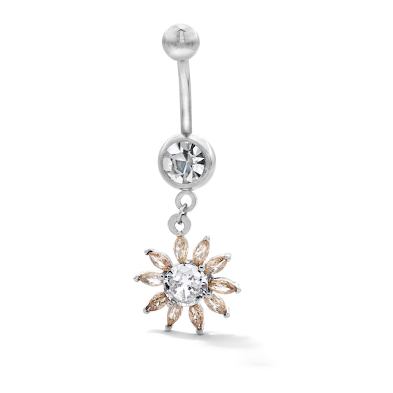 Solid Stainless Steel CZ and Crystal Flower Dangle Belly Button Ring - 14G 7/16”