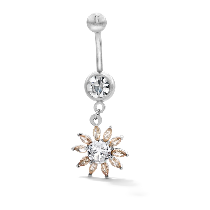 Main Image 1 of Solid Stainless Steel CZ and Crystal Flower Dangle Belly Button Ring - 14G 7/16”