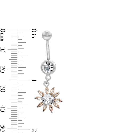 Solid Stainless Steel CZ and Crystal Flower Dangle Belly Button Ring - 14G 7/16”