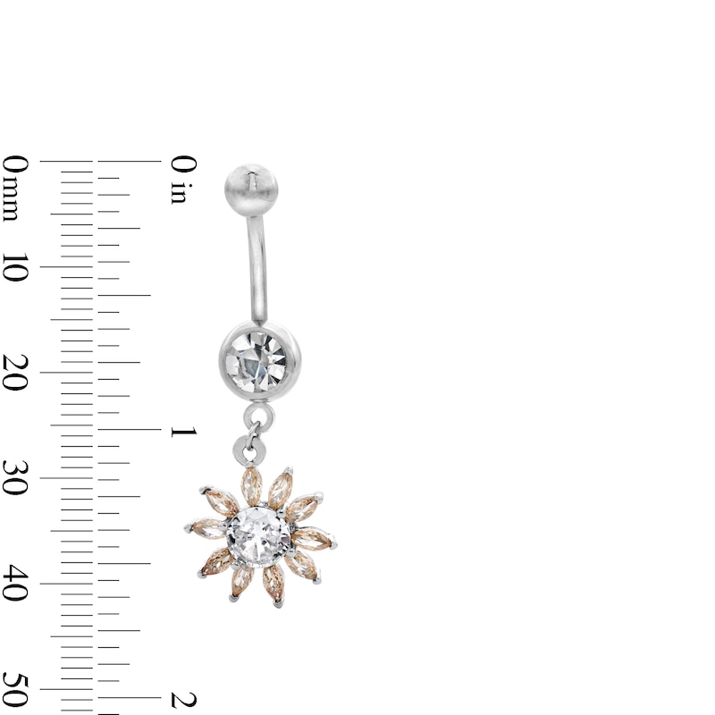 Main Image 2 of Solid Stainless Steel CZ and Crystal Flower Dangle Belly Button Ring - 14G 7/16”