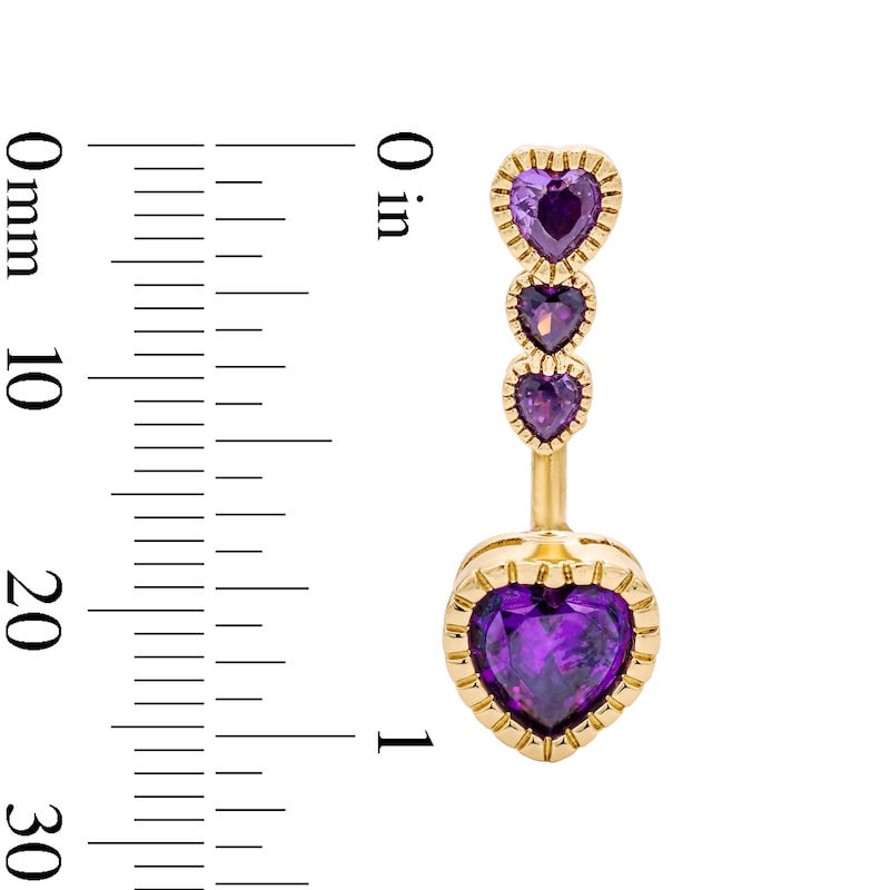 Main Image 2 of Yellow Ion-Plated Solid Stainless Steel Purple CZ Multi-Heart Belly Ring 14G 7/16”