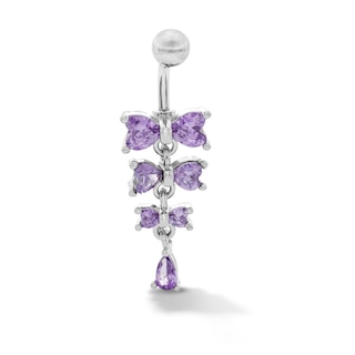 Solid Stainless Steel and Copper Purple CZ Heart Bow Dangle Belly Button Ring - 14G 3/8”