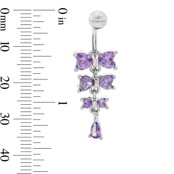 Solid Stainless Steel and Copper Purple CZ Heart Bow Dangle Belly Button Ring - 14G 3/8”