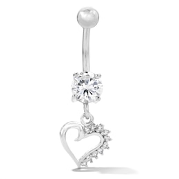 Solid Stainless Steel CZ Heart Dangle Belly Button Ring - 14G 3/8"