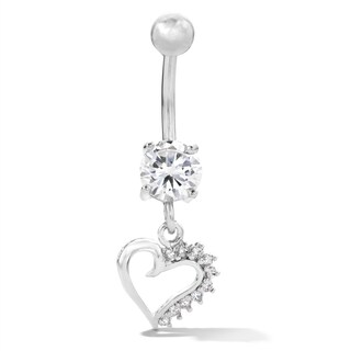 Solid Stainless Steel CZ Heart Dangle Belly Button Ring - 14G 3/8"