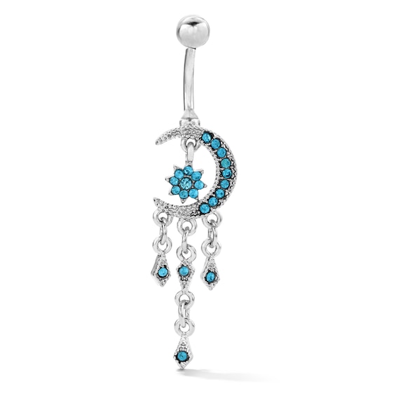 Solid Stainless Steel Blue Crystal Moon Dangle Belly Button Ring - 14G 3/8"