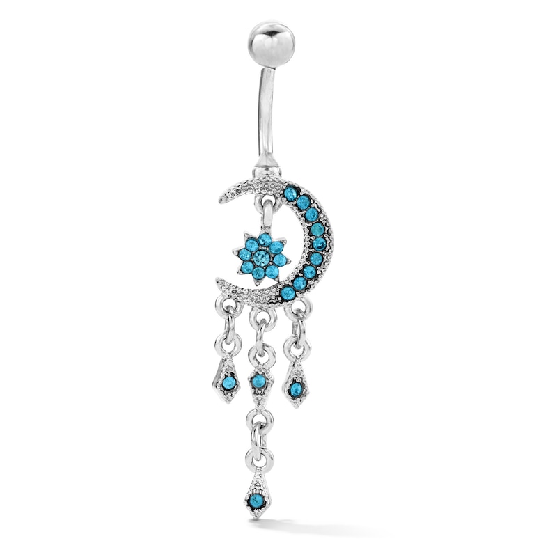 Solid Stainless Steel Blue Crystal Moon Dangle Belly Button Ring - 14G 3/8"